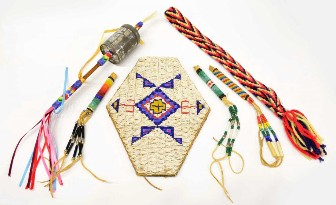 (6) SOUTHWEST NATIVE AMERICAN BEADWORK & ITEMS: (lot of 6) Collection of Southwest Native American beadwork and other items: (1) Sioux beaded decoration, post WWII, blue, red and yellow beads on a white ground, 8.5"l, 6.5"w, ; (4) Native American C
