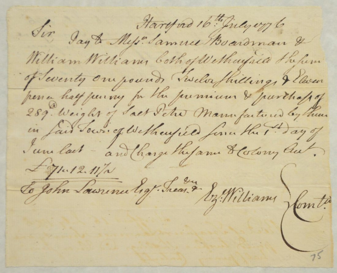 REVOLUTIONARY WAR CONNECTICUT 1776 PAY ORDER: Framed Connecticut pay order to John Lawrence, Treasurer of the Colony of Connecticut for payment to Boardman and William Williams (Samuel William Williams, 1752-1812) for the "purchase of 289 weight 