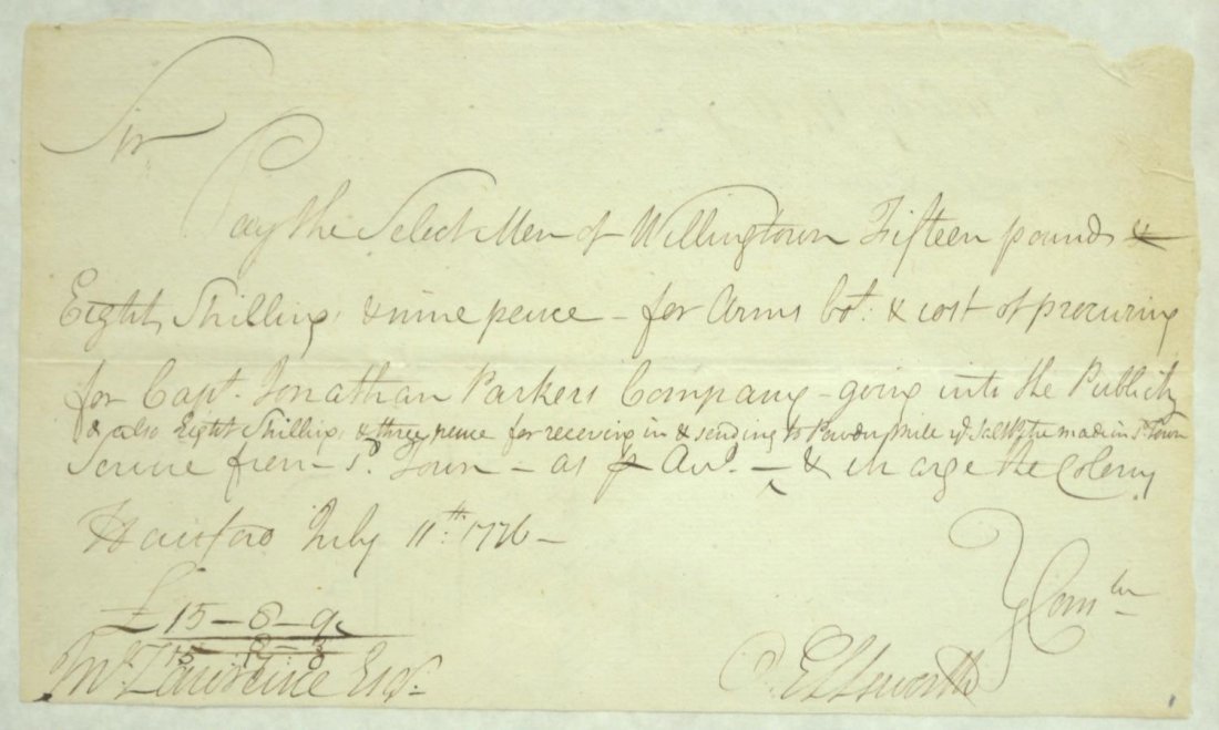 REVOLUTIONARY WAR CONNECTICUT 1776 PAY ORDER: Framed Connecticut pay order to John Lawrence, Treasurer of the Colony of Connecticut for payment to The Selectmen of Willington for "arms lot...for Captain Jonathan Parker Company"... dated July 11, 