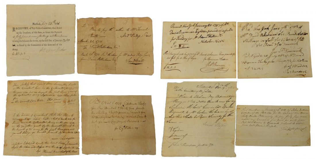 (10) GROUP OF REVOLUTIONARY WAR ERA PAPERS: (lot of 10) Collection of Revolutionary War era documents comprising: (1) Connecticut pay order to John Baker, July 24, 1781; (1) pay order to Andrew Hodge, November 25, 1779, signed by Speaker of the