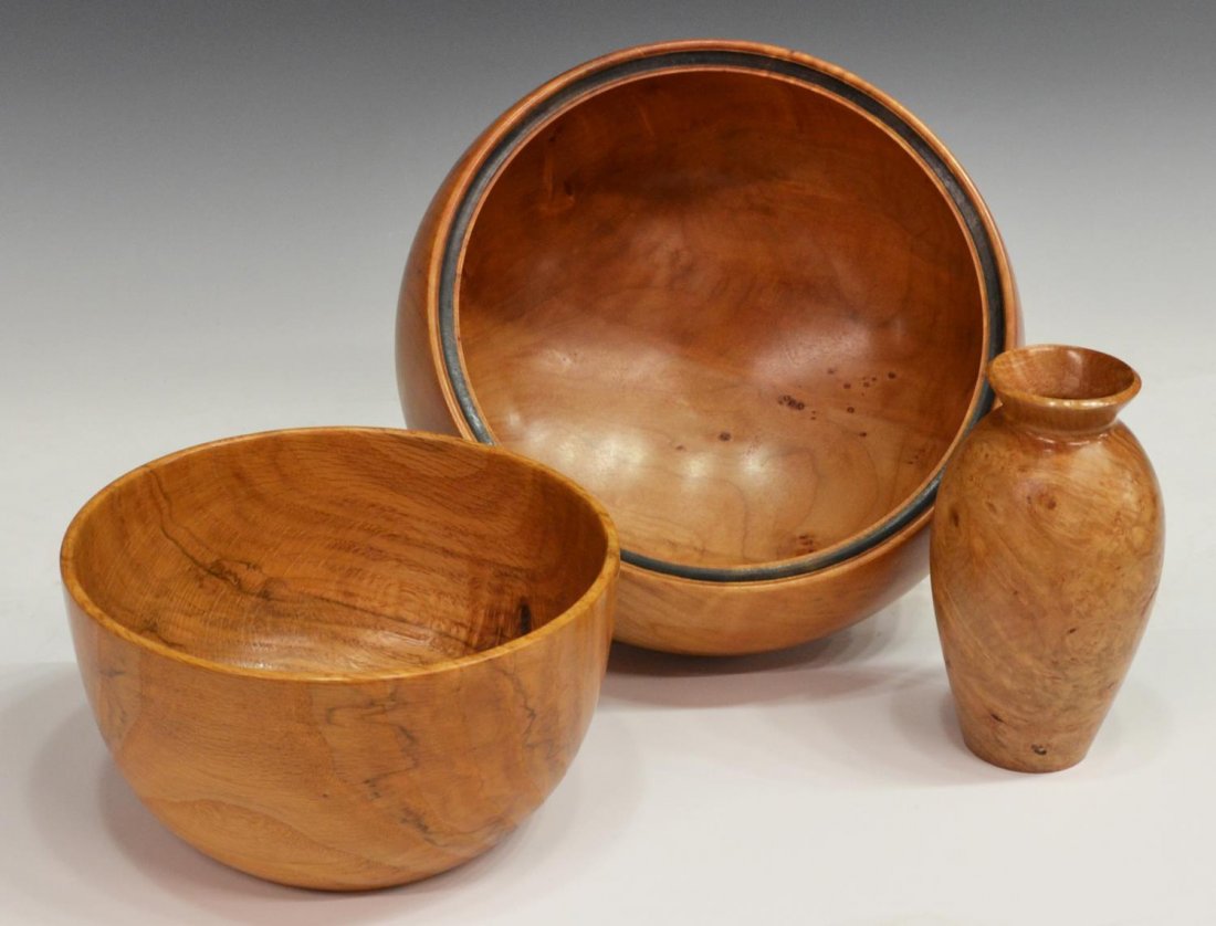 (3) J.R. BLASER TURNED WOOD VASE & BOWLS: (lot of 3) Group of natural turned wood table items, by J.R. Blaser (American, 20th/21st c.), comprising: (1) oak bowl, signed and numbered 97-71 underfoot, 4.5"h, 8.25"diam; (1) maple burlwood vase o