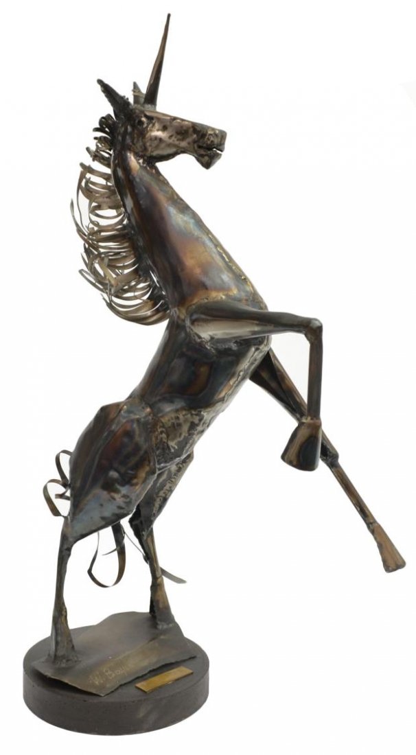 STEEL SCULPTURE, UNICORN, W. BOYLE: Framed steel sculpture, "Defiance", a Unicorn, signed lower front W. Boyle, set on 1.5" circular base, sculpture 29"h, 17"w, 9"d, 11lbs Start Price: $200.00