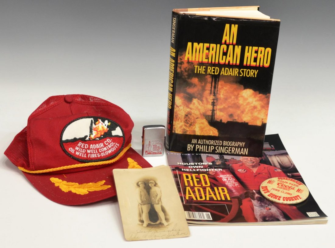 (6)RED ADAIR MEMORABILIA, BOOK, ZIPPO LIGHTER CAP: (lot of 6) Items originally belonging to Red Adair: (1) book: "An American Hero, The Red Adair Story", Philip Singerman, Little Brown and Company, Boston, Toronto, London, 1990, hardcover, 276 pages, 