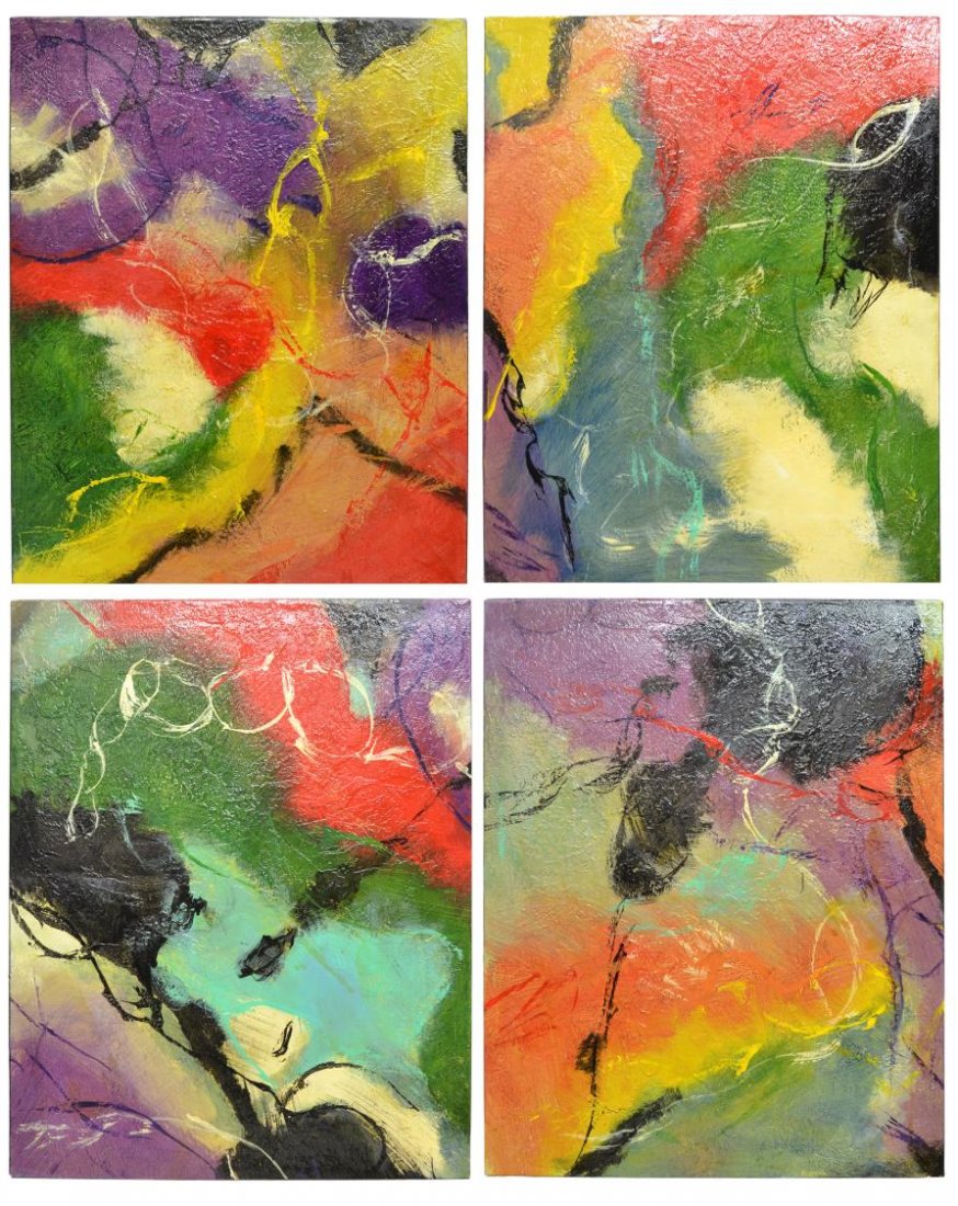 (4) PAINTINGS, 'VIEW FROM ABOVE', GABRIEL DELPONTE: (lot of 4) Unframed acrylic paintings on canvas, "A View From Above", one signed Delponte "06" on verso, (Gabriel Delponte, Argentinian/American, 20th c.), each approx 30"h, 24"w, 7.5lbs total Start P