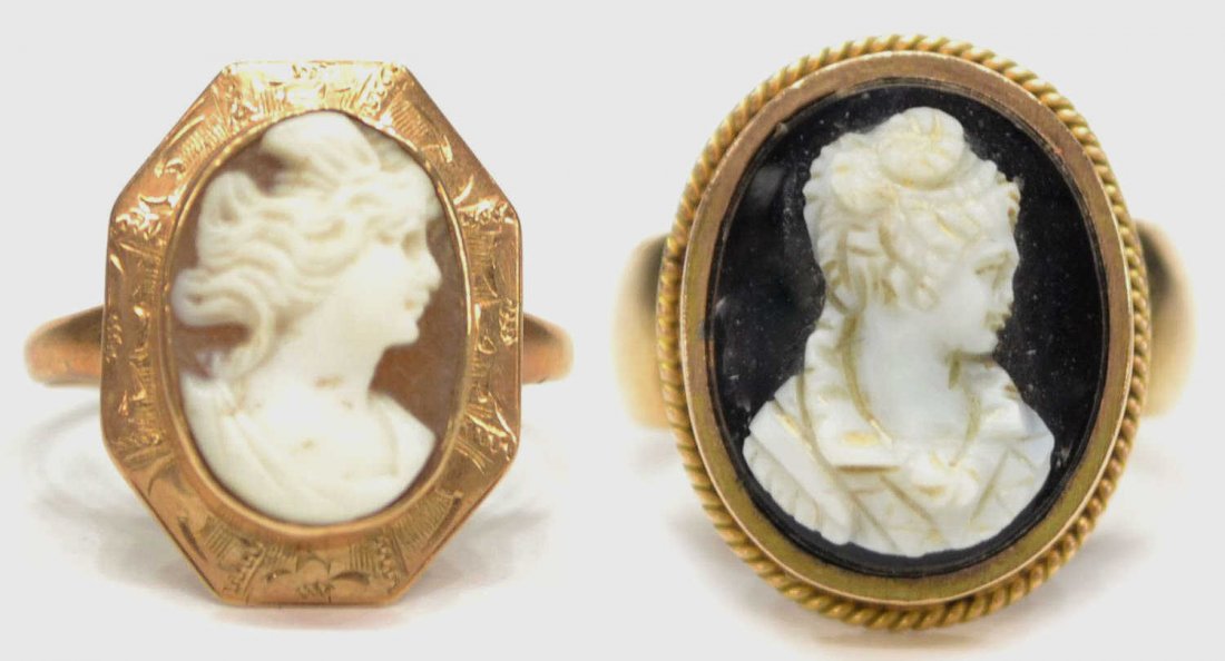(2) ANTIQUE LADIES GOLD & CAMEO ESTATE RINGS: (lot of 2) Ladies Victorian estate cameo rings, (1) 12kt incised rose gold band, enclosing a shell carved portrait of a beauty, (1) 14kt gold with a thick gold band having roped border enclosing a por