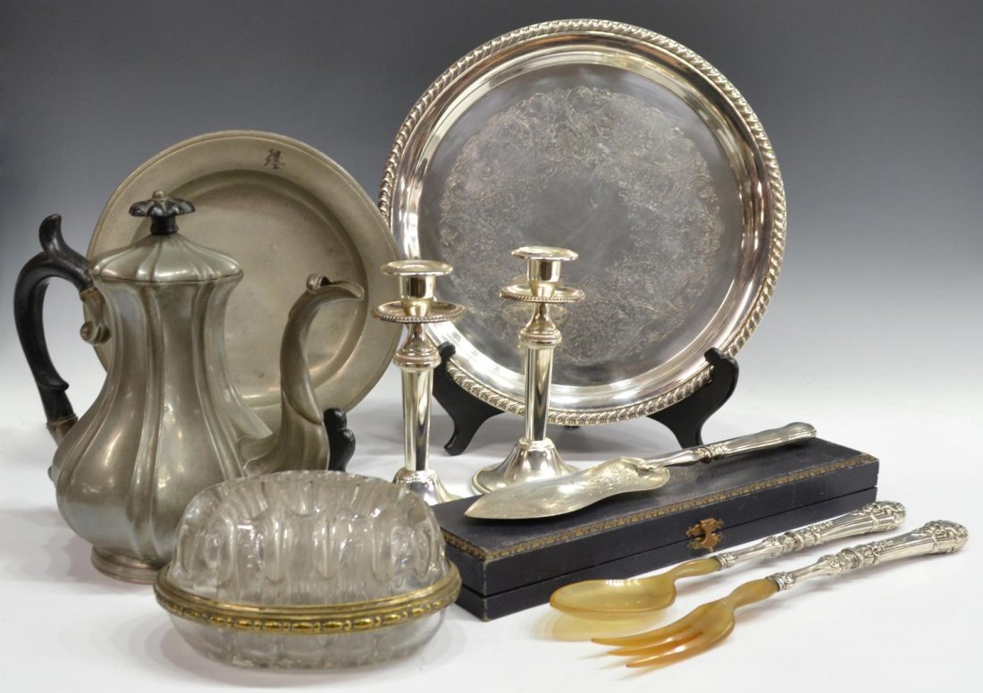 (9)COLLECTION STERLING & SILVERPLATE SERVICE ITEMS: (lot of 9) Group of silver and silver plate, comprising: (1) silver serving utensil, William C. Little, Newburyport, MA, central crest with monogram and scrolled accents, housed in box, 12"l, in box: 