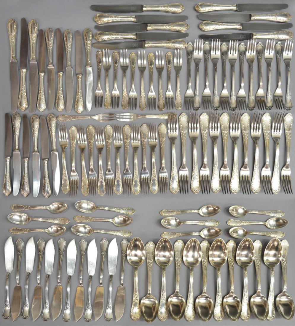 GERMAN SILVERPLATED FLATWARE & FISH SERVICE: (set of 108) German silver plate flatware service for twelve, climbing floral and foliate pattern, comprising: (12) dinner forks, 8.25"l; (12) lunch forks, 7.25"l; (12) salad forks, 6"l; (12) dinner k