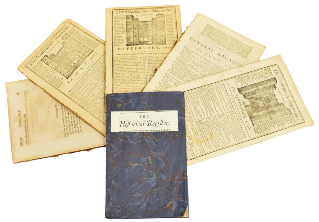 (6) BRITISH MAGAZINES 1719-1777, NORTH CAROLINA: (lot of 6) Antique British paper bound publications: (1) "The Historical Register, Number XVI, Ireland, The Proceedings of the Parliament, for the Year 1719", 145 pages; (1) "The General Magazine for 