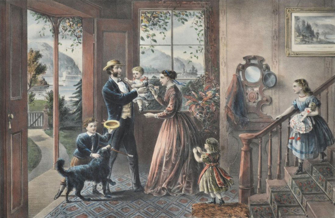 LITHOGRAPH, "THE FOUR SEASONS OF LIFE: MIDDLE AGE": Framed colored lithograph on paper, "The Four Seasons of Life: Middle Age", drafted by J.M. Ives (James Merritt Ives, American, 1824-1895), drawn by Parsons (Charles R. Parsons, American, 1821-1910) a