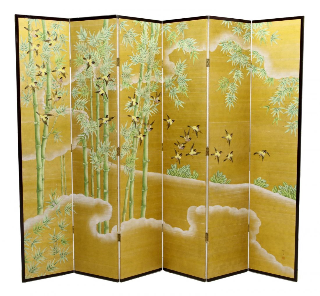 LARGE CHINESE SIX PANEL DRESSING SCREEN: Chinese four panel polychrome dressing screen, 20th c., one side with birds and bamboo on gold fabric, the other side without decoration, signed with characters and red seal at lower right panel, pane