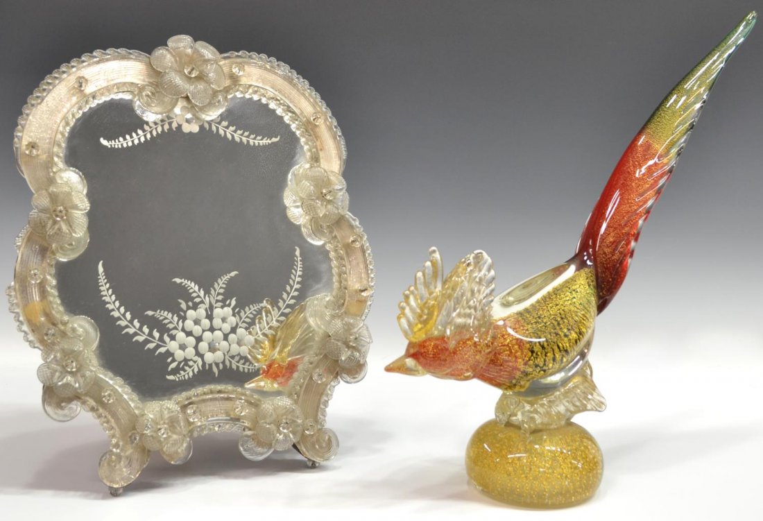 (2) VENETIAN ART GLASS TABLE MIRROR & MURANO BIRD: (lot of 2) Italian art glass table items, comprising: (1) Murano sculpture modeled as a rooster, tones of reds, blues, and greens with gilt specks throughout, small flaw under tail, approx 13.75"h, 4.