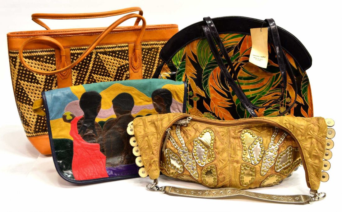 (4) LADIES VINTAGE LEATHER & TEXTILE HANDBAGS: (lot of 4) Ladies handbags: (1) material purse with applied leather decor, two removable straps in varied length, bag: 16"w; (1) Valerie leather bag, polychrome jungle print with leopard head at cente