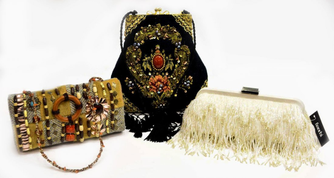(3)PURSES, FRANCHI BEADED CLUTCH, MARY FRANCIS BAG: (lot of 3) Ladies designer purses: (1) Franchi "Melanie' clutch, new in box with tag, white silk with cascading fringe, satin lined with interior slip pocket, with additional silver metal shoulder str