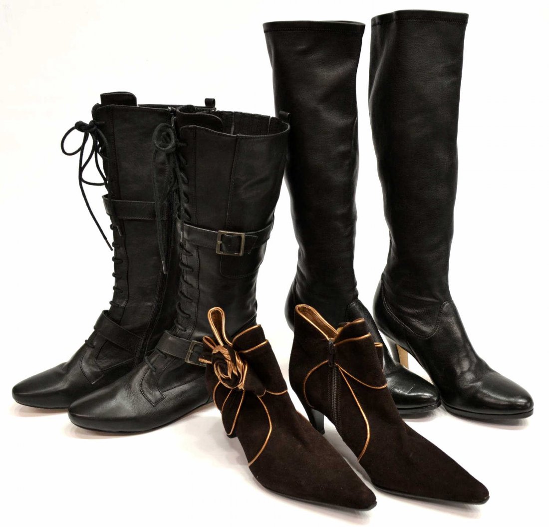 (3 PAIR) LADIES DESIGNER LEATHER BOOTS, COLE HAAN: (lot) Ladies designer leather boot group, all size 7.5: (pair) Costa Blanca ankle booties in dark brown suede copper trim, Spain, slight scuffs; (pair) Cole Haan 'Nike Air' boots, very gently worn und