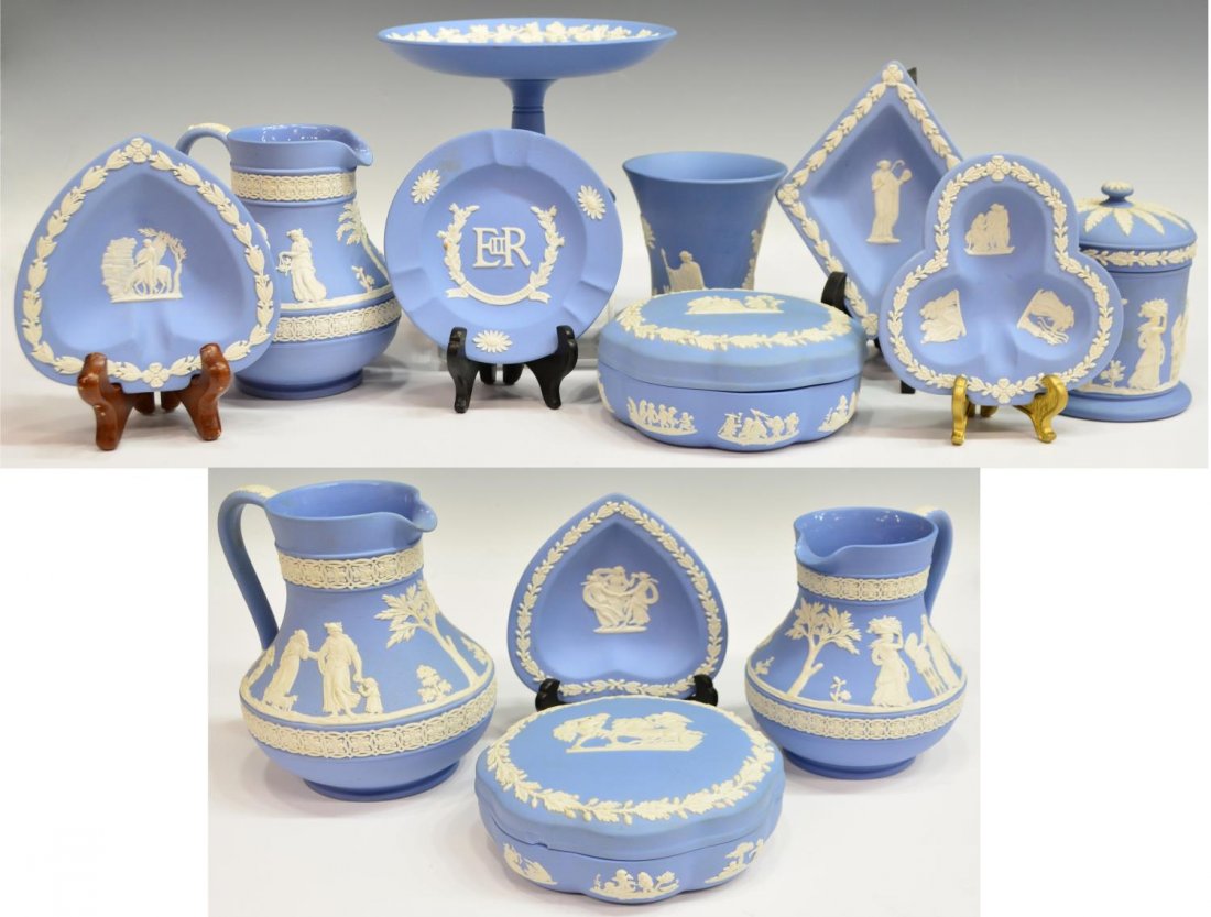 (13) COLLECTION WEDGWOOD BLUE JASPERWARE: (set of 13) Wedgwood jasperware, c. 1950's, white classical figural scenes and foliated patterns with grape and acorn motif, all in relief on a blue ground, various impressed marks as pictured, one wi