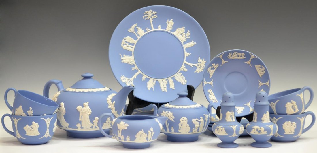 (17) WEDGWOOD BLUE JASPERWARE TEA SET & TABLEWARE: (set of 17) Wedgwood jasperware tea set and table items, c. 1950's, white classical figural scenes and foliated patterns a blue ground, various impressed marks as pictured, comprising: (4) dinner plat