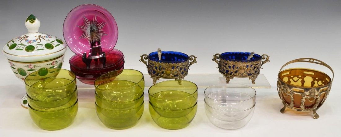 (24) SERVICE ITEMS, COBALT & SILVERPLATE SALTS: (lot of 24) Collection of glass serviceware, comprising: (2) salt cellars, oval cobalt bowl enclosed in an elaborately decorated silverplate frame with foliate motif and scrolling handles, 2.25"h, 5.2
