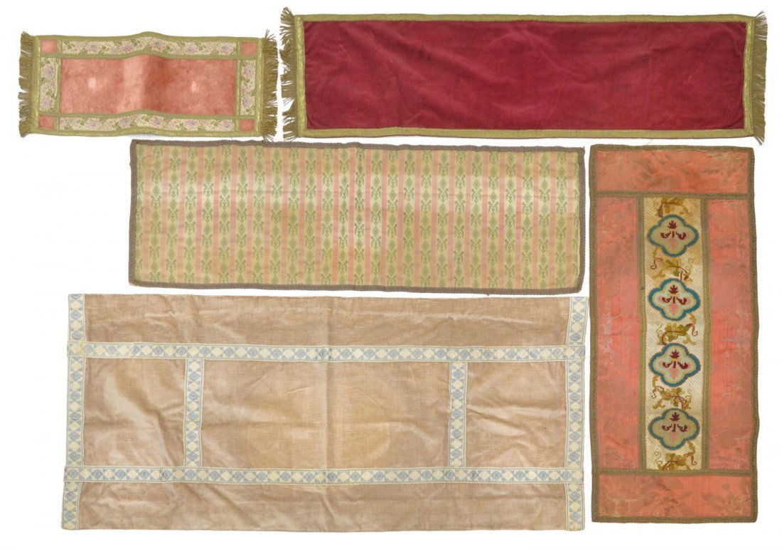 (5) GROUP VINTAGE FRENCH TEXTILE TABLE RUNNERS: (lot of 5) Collection of antique to vintage textiles, France, including polychrome table runners and wall hangings, some having silk backing, some loss / wear, largest: 44"l, 23"w, 2.75lbs total Start