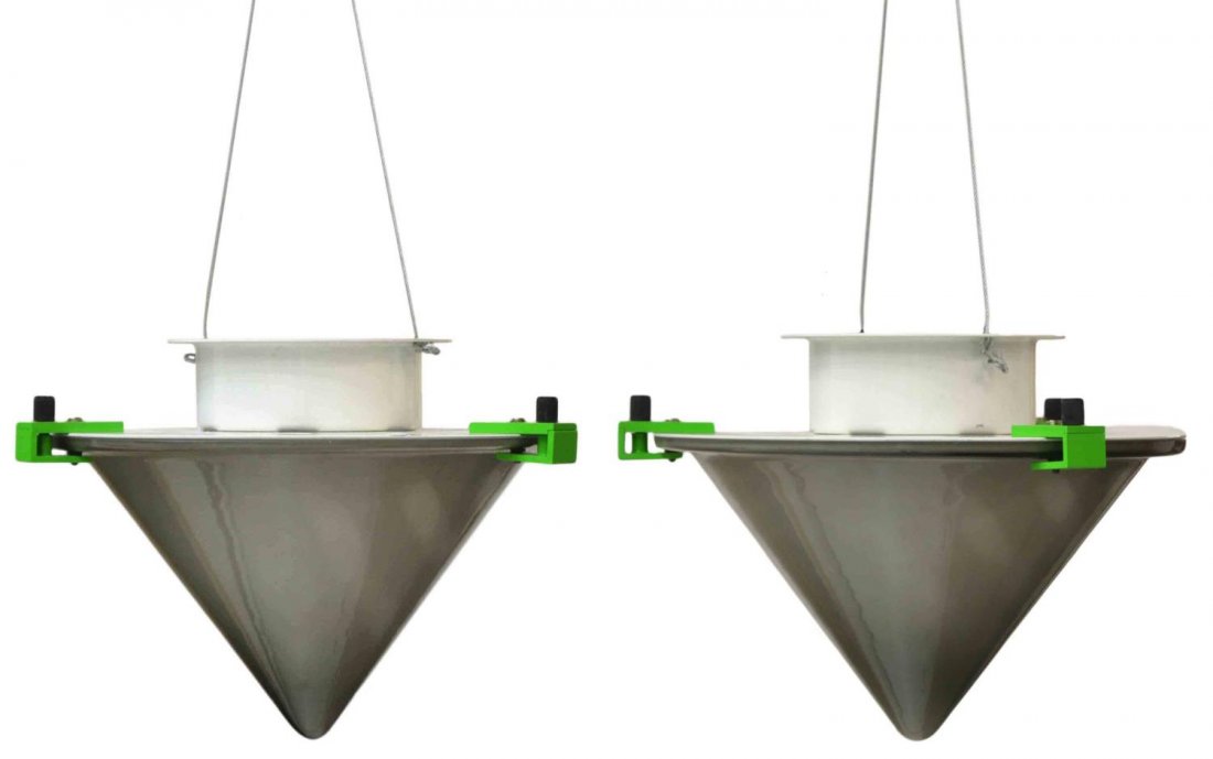 (PAIR) ITALIAN CEILING LIGHTS, FONTANA ARTE: (pair) Italian modern hanging lights, c. 1980/90, design by Fontana Arte, grey-toned glass of cone form enclosing lights, lime green metal mounts, in need of wiring, approx 7.5"h, 11"w, 8.25lbs total 