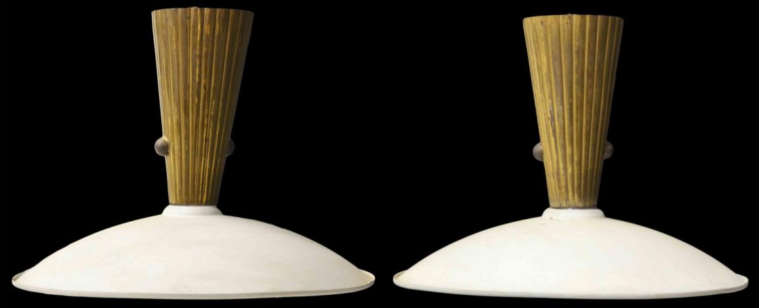 (PAIR) ITALIAN MID-CENTURY MODERN HANGING LIGHTS: (pair) Italian mid-century modern one-light ceiling lamps, design by Stilnovo, white painted metal shade suspended from a ribbed gilt metal standard, surface wear, in need of wiring, approx 9.25"h, 12