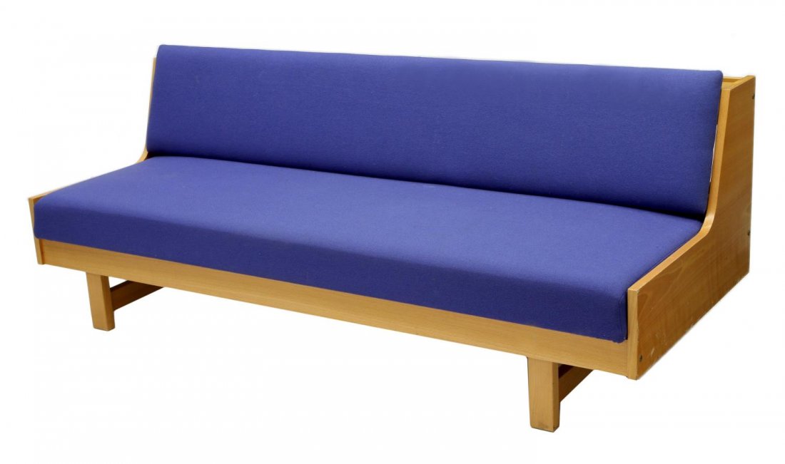 DANISH MODERN BEECH WOOD SOFA DAY BED: Danish modern beech wood framed day bed sofa, c. 1980, the hinged sofa back rolls over increasing the usable area for day bed use to: 31.5"w, 77"l, overall: 31"h, 79"w, 33"d Start Price: $200.00