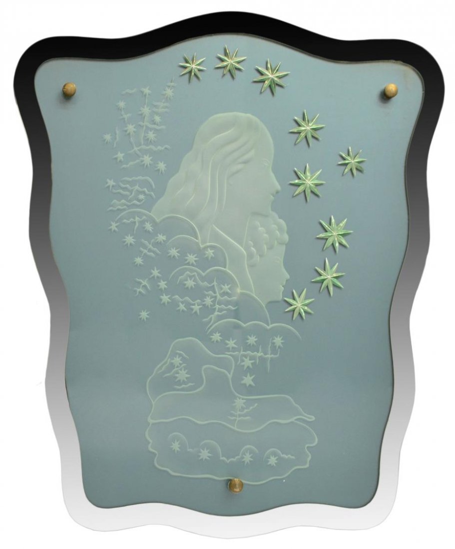 ITALIAN MID-CENTURY MODERN CRISTALART WALL MIRROR: Italian mid-century modern Cristal Art mirrored wall panel, c. 1950/60's, wavy mirrored border centered with etched stars and profiles of a boy and girl, all on a dark ground, wood backing, wear to bo
