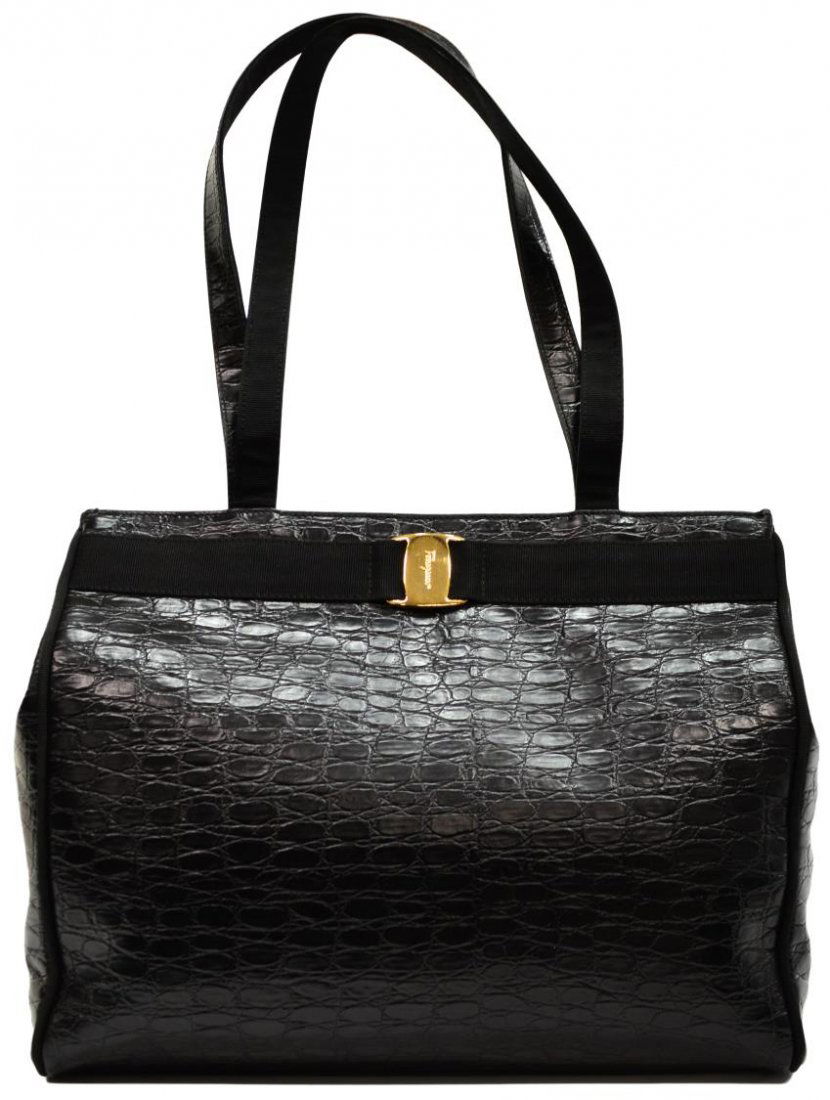 FERRAGAMO CROCODILE PRINT LEATHER TOTE BAG: Salvatore Ferragamo crocodile leather tote bag, gilt metal hardware, single zipper pocket interior, Made In Italy, monogram and logo lining, bag: approx. 12"h, 14"w, 4"d, 1.5lbs Start Price: $100.00