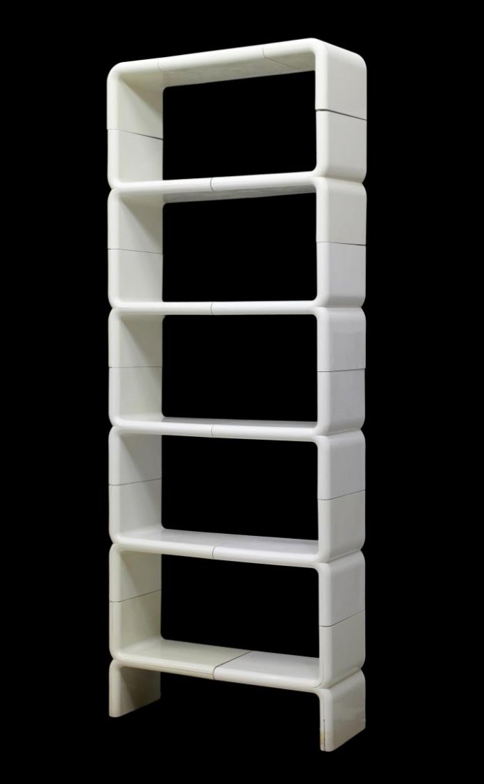 MID-CENTURY MODERN 'UMBO' SHELVING UNIT, COLOMBO: Mid-century modern "Umbo" white plastic modular shelving unit, design attributed to Joe Colombo (Cesare Colombo, Italian, 1930-1971) for Directional, multiple levels, some wear, 88.5"h, 33.25"w, 12"d