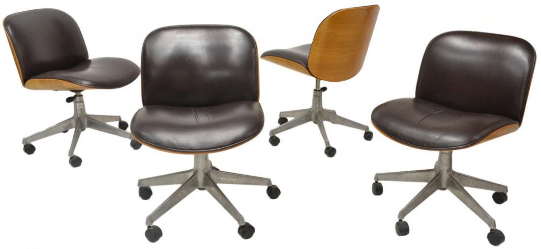 ITALIAN MID-CENTURY MODERN CHAIRS, ICO PARISI, MIM: (set of 4) Italian mid-century modern swivel office chairs, c. 1950, design by Ico Parisi (Italian, 1919-1996) for MIM (Mobili Italiani Moderni), upholstered back and seat raised on a cast aluminum ba