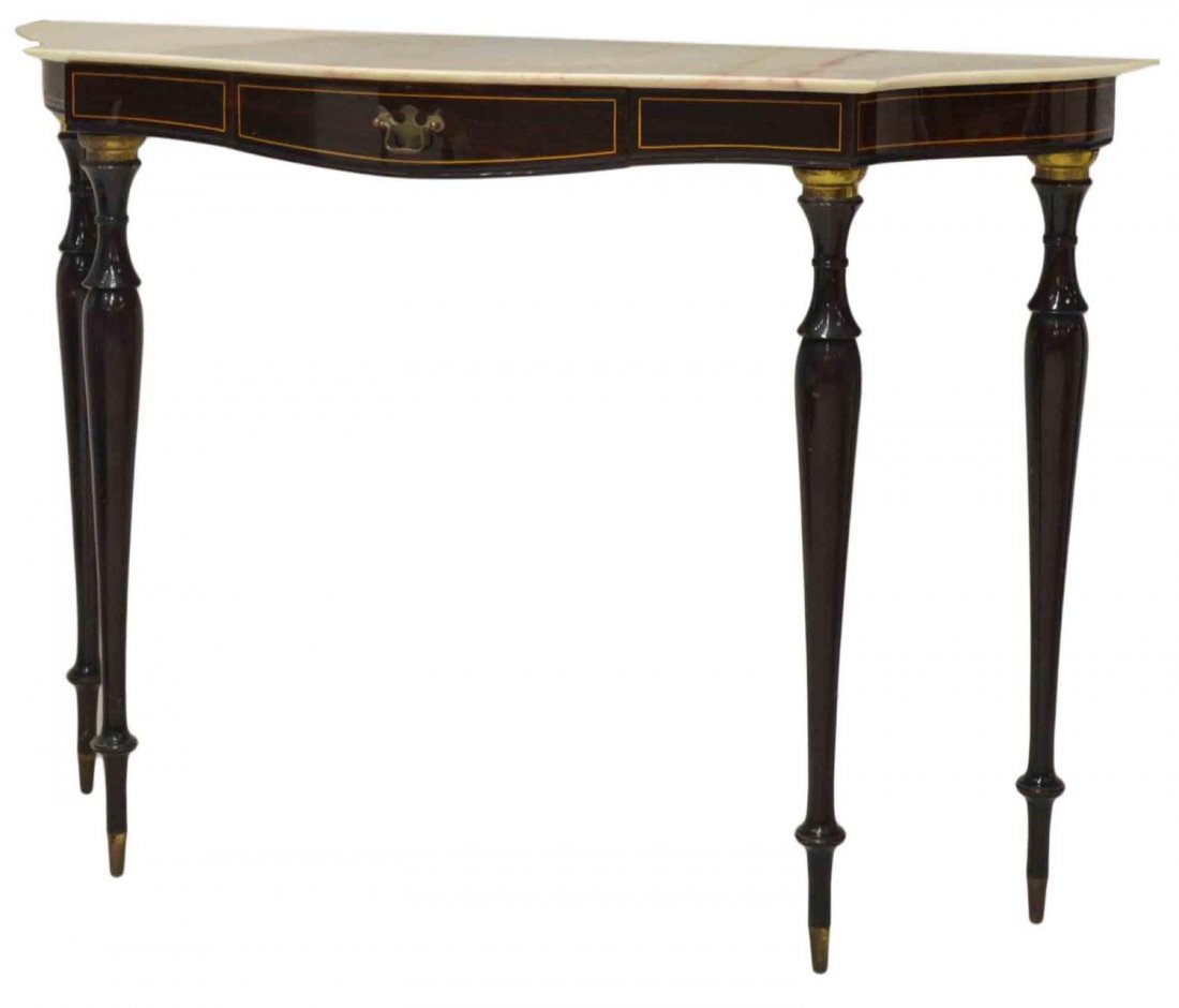 ITALIAN MARBLE TOP CONSOLE TABLE, MANNER OF BUFFA: Italian design marble top console table, in the manner of Paolo Buffa (Italian, 1903-1970), set on tapered legs terminating in cylindrical metal capped feet, overall with some surface wear and veneer