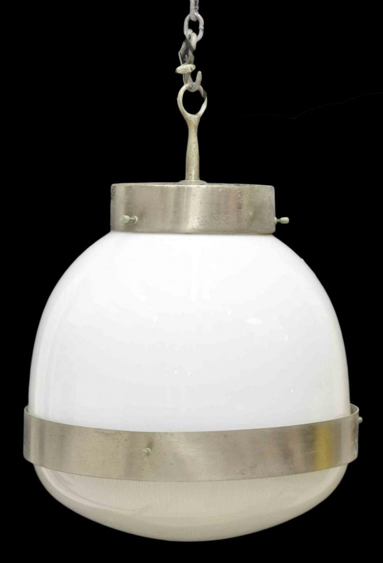 ITALIAN MID-CENTURY MODERN CEILNG LIGHT: Italian mid-century modern chandelier, design by Sergio Mazza (b. 1931) for Artemide, 1960's, white and lined glass orb-form with metal band enclosing light, surface wear, in need of wiring,approx 19.