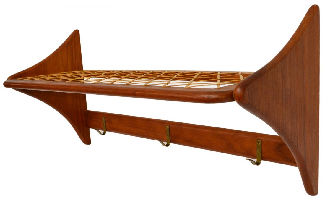 DANISH MID-CENTURY MODERN WOVEN & TEAK HALLRACK: Danish mid-century modern hall rack, three metal hooks under top with woven design, loss to one cane piece, approx 13.5"h, 29.25"w Start Price: $100.00