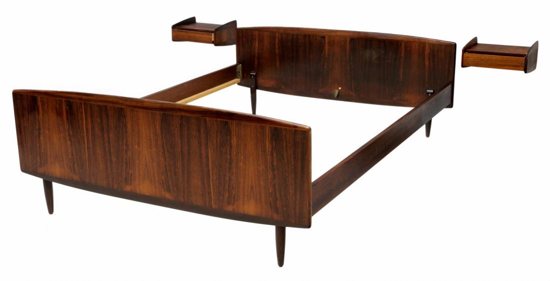 DANISH MID-CENTURY MODERN ROSEWOOD BED & STANDS: Danish mid-century modern rosewood bed, on tapered legs, accompanied by two single drawer wall mount night stands, overall with some surface wear, headboard: 17.75"h, 57.5"w, footboard: 17.5"h, 57.5"w