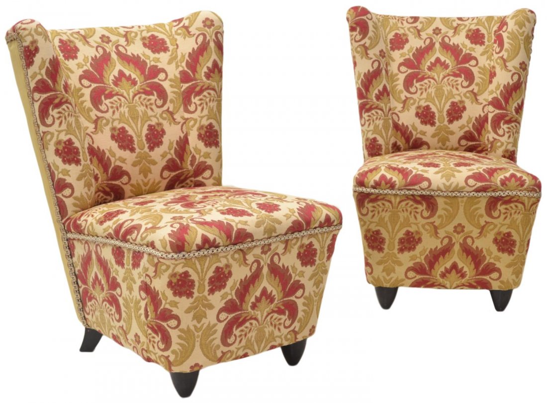 (PAIR) ITALIAN UPHOLSTRED SLIPPER CHAIRS: (pair) Italian slipper chairs, c. 1930, upholstered in floral and foliate fabric, rising on short arrow legs at front, shaped legs at back, 29"h, 20.5"w, 22"d Start Price: $200.00