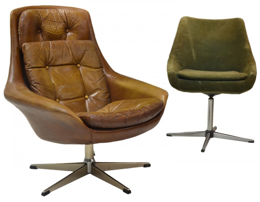 (2) DANISH MID-CENTURY MODERN SWIVEL CHAIRS: (lot of 2) Danish mid-century modern chairs on chrome steel swivel bases: (1) brown leather upholstered with removable head, back and seat cushion, 35"h, 30.5"w, 22"d; (1) corduroy like green upholste