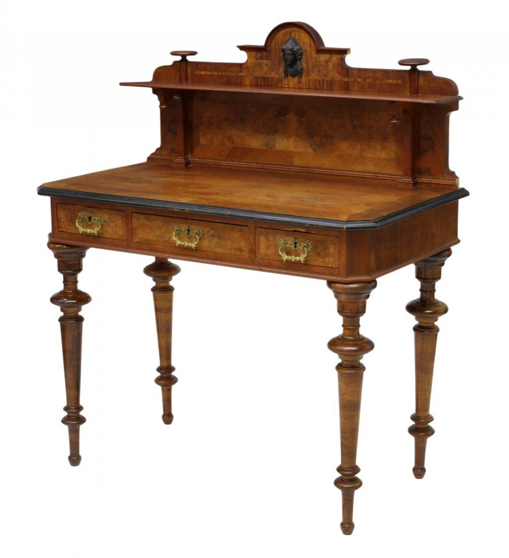 SCANDINAVIAN WRITING TABLE: Scandinavian writing table with ebonized accents, 19th c., a single shelf on the backspalsh, centered by the relief portrait of a beauty, writing surface over three drawers, on turned supports, some s