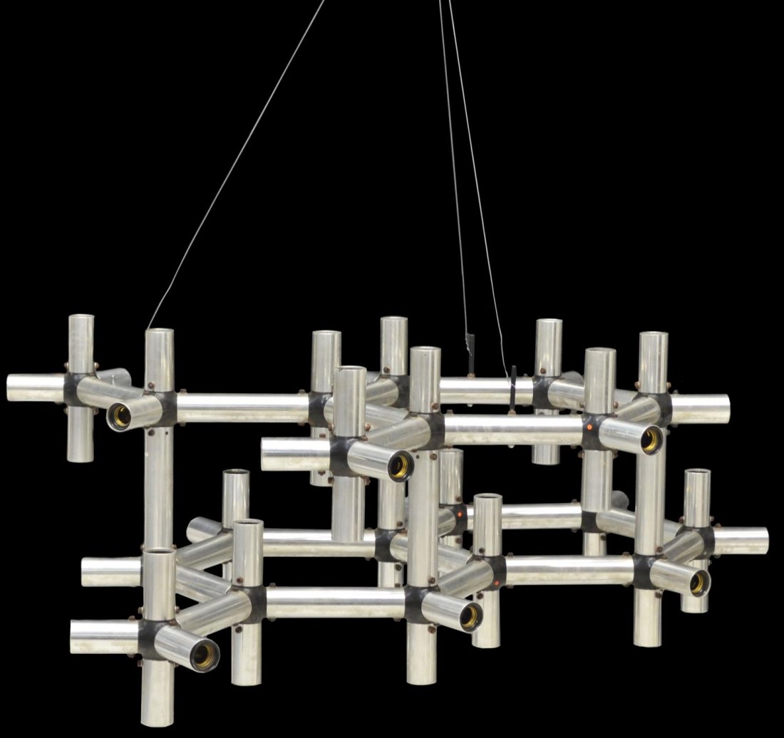 R. HAUSSMANN ATOMIC ATOM CHROME LIGHT STRUCTURE: Modular double ring hanging light structure, Atomic Atom, attributed to Robert Haussmann for Swiss Lamp International , c. 1960's, chromed metal tubes form the modular fixture terminating in numerous