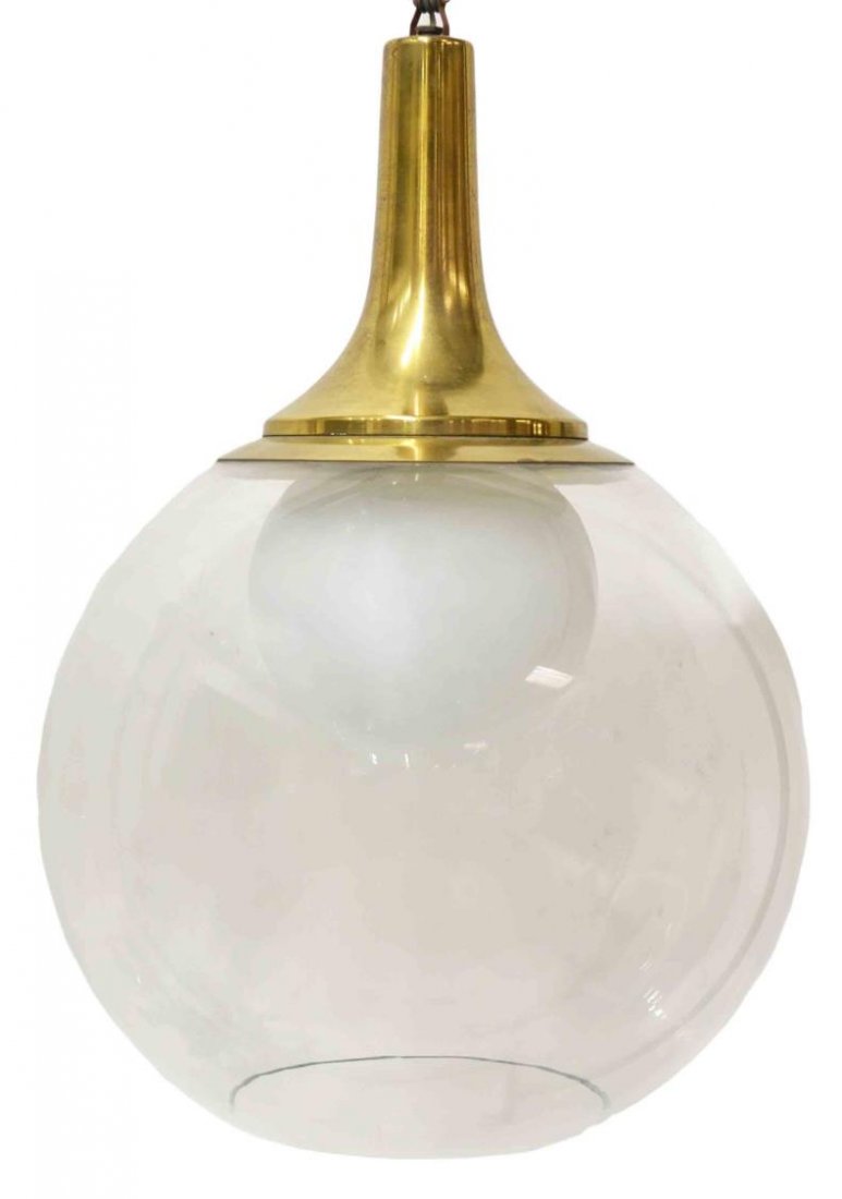 ITALIAN MID-CENTURY MODERN CHANDELIER, AZUCENA: Italian mid-century modern chandelier, c. 1950/60, design for Azucena, clear glass globe enclosing a smaller white glass shade, in need of wiring, approx 22.5"h, 13.75"w Start Price: $300.00