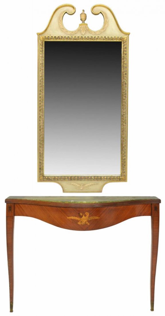 ITALIAN MARQUETRY CONSOLE TABLE & MIRROR, BUFFA: Italian console table and mirror, c. 1950, design by Paolo Buffa (Italian, 1903-1970), the parcel gilt scrolled pediment mirror over a green marble top table, the skirt having floral marquetry, rising