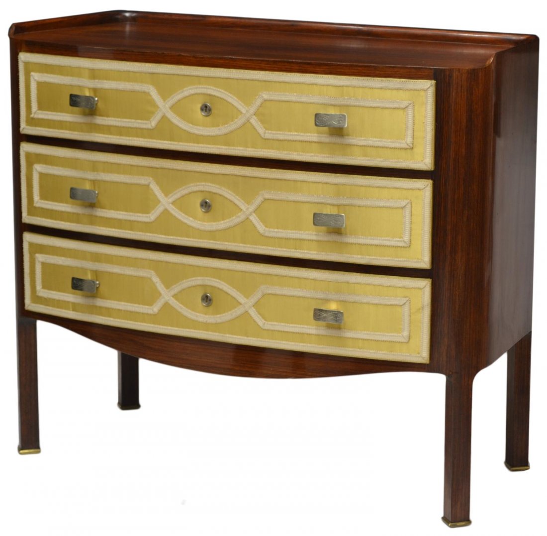 PAOLO BUFFA: ITALIAN MID-CENTURY ROSEWOOD COMMODE: Italian mid-century modern rosewood commode, c. 1950, design by Paolo Buffa (Italian, 1903-1970) a raised edge over the rectangular top and rounded sides, three bow front fabric covered drawers, risin