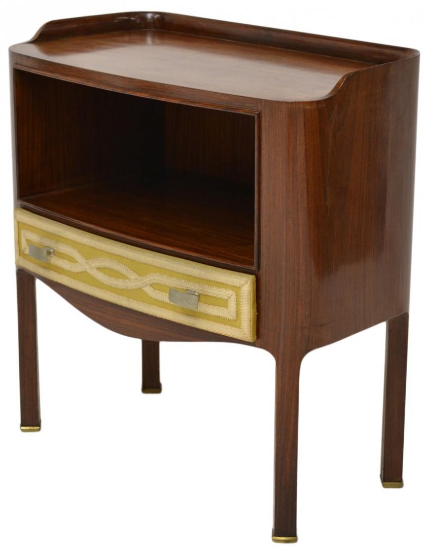 ITALIAN MID-CENTURY MODERN PAOLO BUFFA CABINET: Italian mid-century modern teakwood cabinet, c. 1950, design by Paolo Buffa (Italian, 1903-1970), flat splash back over open shelf and drawer fronted with upholstery, 25"h, 24"w, 13"d Start Price: $50