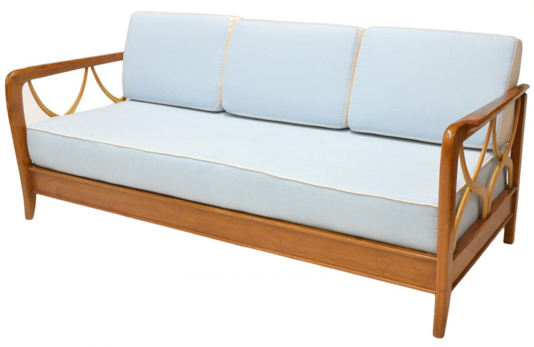 ITALIAN MID-CENTURY MODERN SOFA, PAOLO BUFFA: Italian mid-century modern sofa, c. 1940, design by Paolo Buffa (Italian, 1903-1970), back rest with removable cushion over seat, open sides, tapered supports, 33"h, 76"w, 34"d Start Price: $600.00