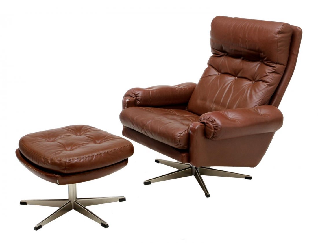 DANISH MID-CENTURY MODERN EAMES STYLE CHAIR: Danish mid-century modern swivel chair and stool in the style of Charles and Ray Eames lounge chair, each upholstered in brown buttoned leather rising on a chrome base, chair: 36"h, 36"w, 34"d, footst