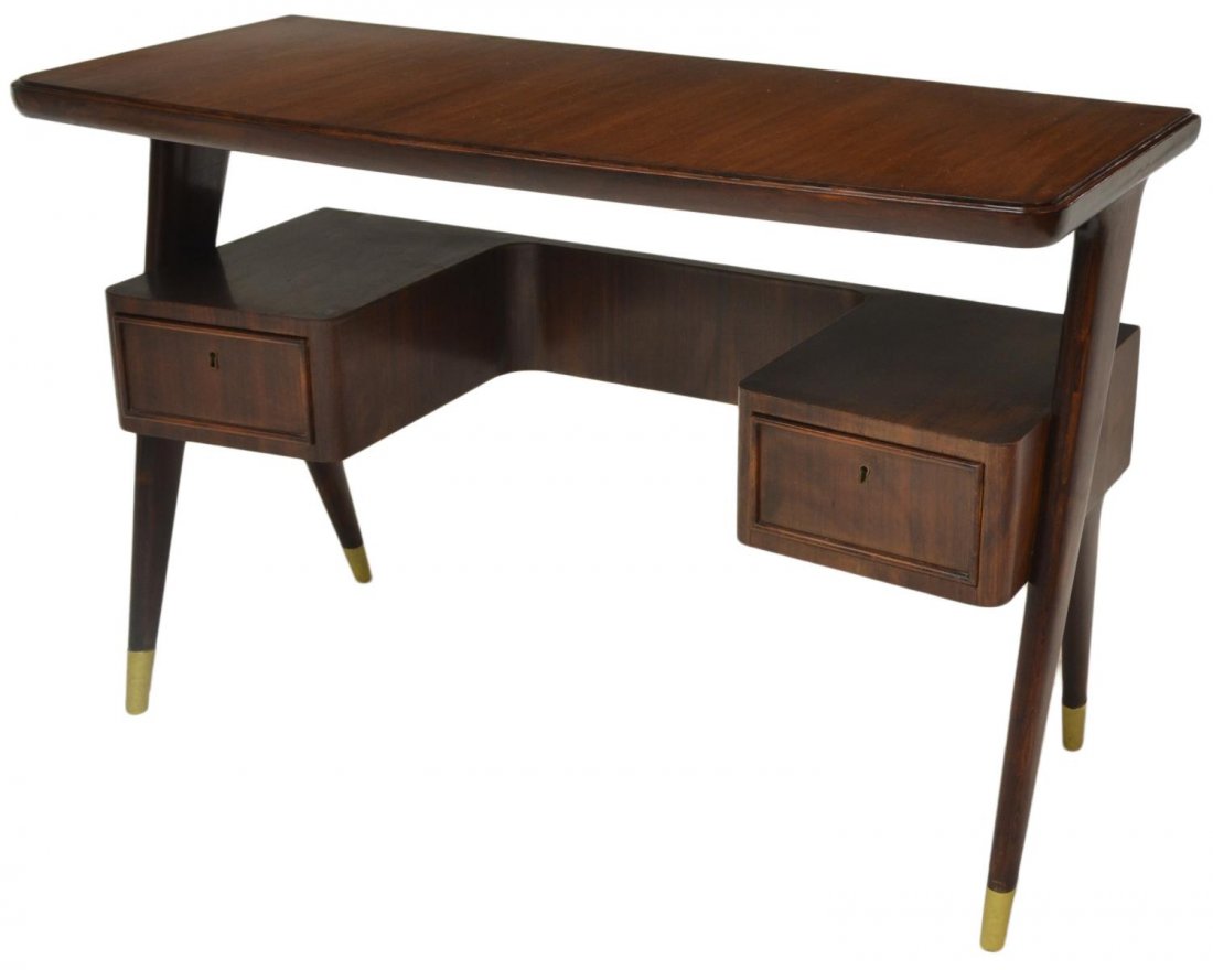 ITALIAN MID-CENTURY WRITING DESK, VITTORIO DASSI: Italian mid-century modern writing desk, c. 1940/50's, design by Vittorio Dassi (Milan, 1893-1973), curved rectangular wood top over two drawers, raised on tapered angular legs terminating in gilded f