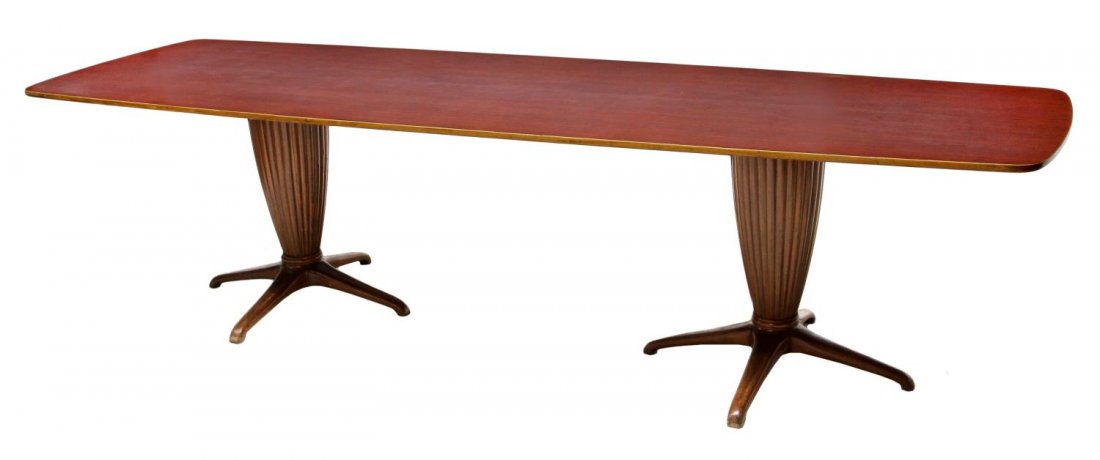 MONUMENTAL ITALIAN MODERN CONFERENCE DINING TABLE: Italian mid-century modern conference / dining table, by Jannace and Kovacs, Milan late 1940's, in the manner of Guglielmo Ulrich (1904-1977), the monumental top raised on a pair of reeded pedestals o