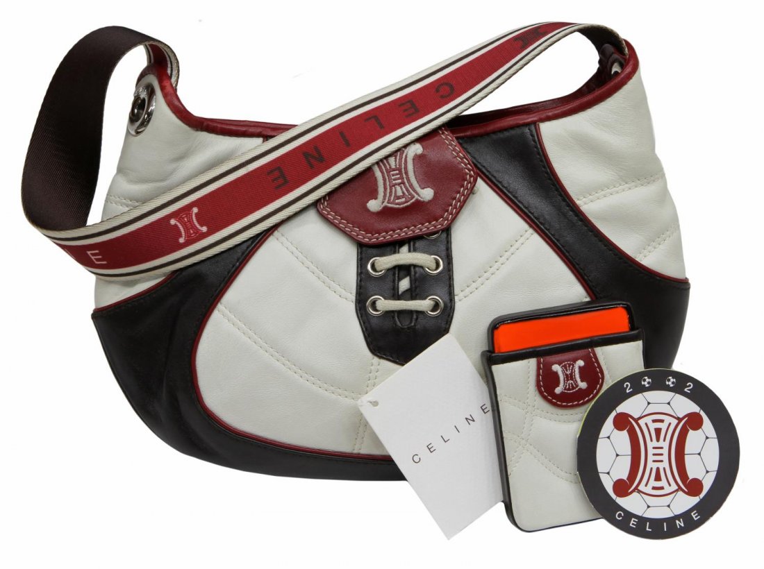 CELINE DESIGNER SPECIAL WORLD CUP 2002 HANDBAG: Celine 2002 World Cup special edition handbag, Made in Italy, white, brown and red leather with canvas strap and card case, tags, some wear, discoloration, bag: approx. 7"h, 11"w, .75lb Start Price: $