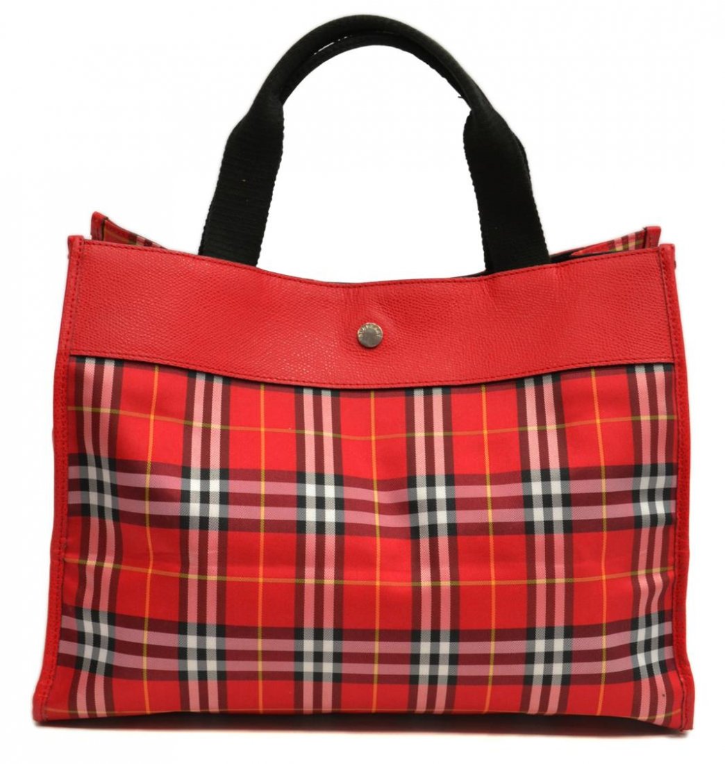 BURBERRY RED SIGNATURE TARTAN TOTE BAG: Burberry red signature tartan pattern tote bag, black interior with single zipper pocket, bag: approx 9.5"h, 13.5"w, 6"d, 1lb Start Price: $100.00