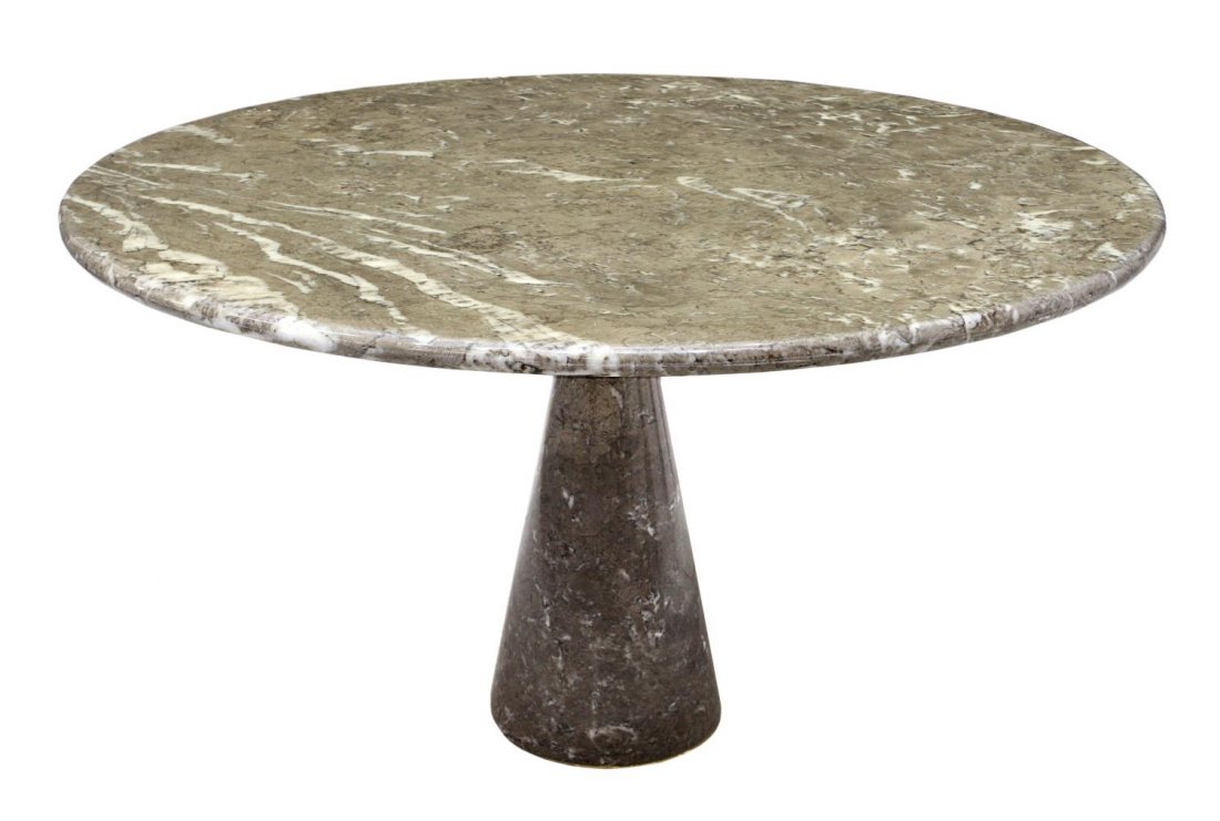 ITALIAN MODERN MARBLE EROS TABLE, MANGIAROTTI: Italian modern table, Eros Series, Model M, c. 1971, design by Angelo Mangiarotti (Milan, 1921-2012), a circular marble top rising on a conical form marble base, 29"h, 50.5"d