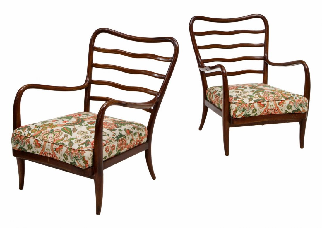 (2) ITALIAN MID-CENTURY MODERN CHAIRS, PAOLO BUFFA: (pair) Italian mid-century modern mahogany finish arm chairs, c. 1950, in the manner of Paolo Buffa (Italian, 1903-1970), slatted back over upholstered seat, shaped arms, 30.5"h, 25.75"w, 28.5"d Start