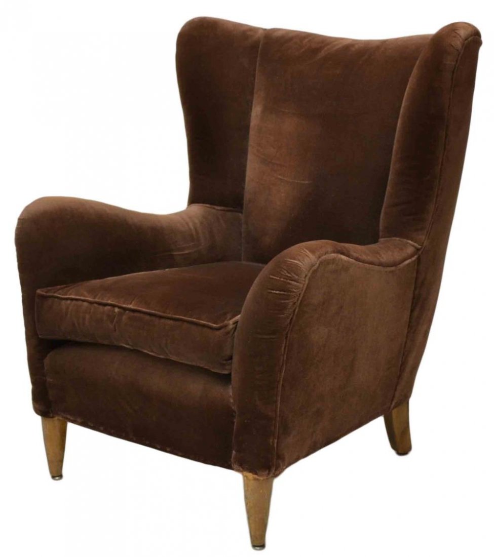 ITALIAN DESIGN UPHOLSTERED ARM CHAIR, C. 1940'S: Italian design arm chair, c. 1940, brown upholstery, on four short tapered legs, some wear to back, 37"h, 29"w, 28"d Start Price: $300.00